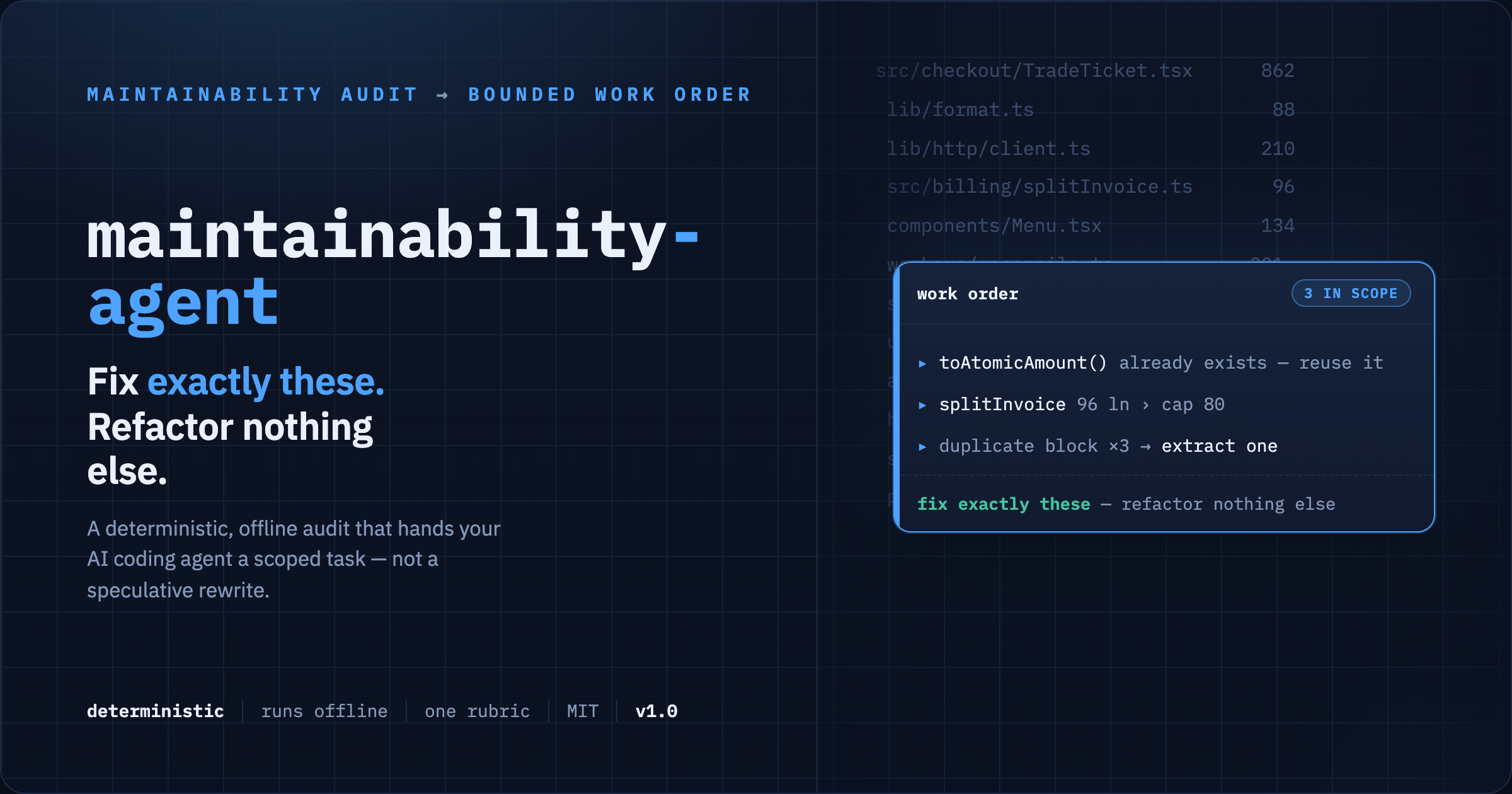 maintainability-agent: a deterministic audit whose output is a bounded work order for your AI coding agent. Fix exactly these findings, refactor nothing else.